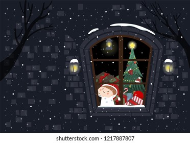 Illustration of cute child waiting for Christmas.