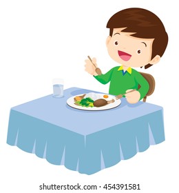 Illustration of a cute children boy eating on a white background