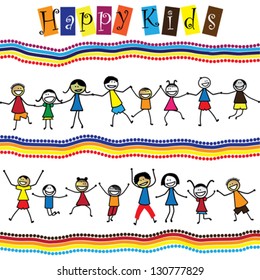 Illustration - cute children(kids)jumping & dancing together. The graphic shows smiling and happy toddlers playing and enjoying each others company.