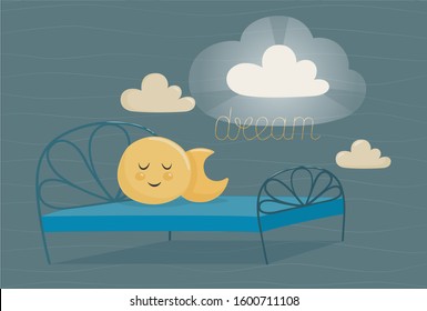 Illustration Of A Cute Children's Bedroom Before Going To Bed. Moon And Moon Pillows, Baby Cot, Night Light Cloud, Dream Inscription, Lullaby, Lullaby, Bedtime, Bedtime Story