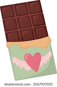 Illustration with a cute chocolate bar for Valentine's Day.  Sweets for the holiday in a package with a heart isolated on white background.