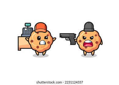 ilustración de la tirita de chocolate como cajero es apuntada por un ladrón, diseño de estilo lindo para camiseta, pegatina, elemento logo