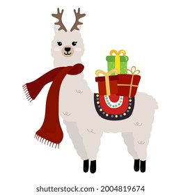 Illustration of cute Christmas alpaca  isolated on white background. Illustration for  posters, greeting cards  and seasonal design.