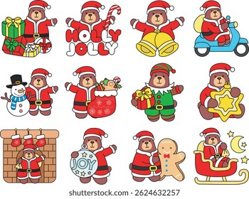 Illustration of cute christmas bear icon.
Funny christmas bear in daily activities elements.
baby bear in the variation of Christmas day