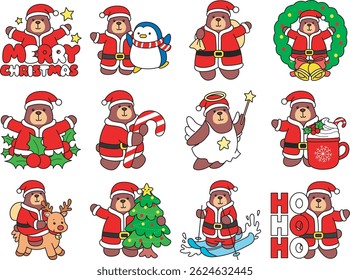 Illustration of cute christmas bear icon.
Funny christmas bear in daily activities elements.
baby bear in the variation of Christmas costume