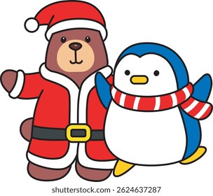 Illustration of cute christmas bear icon.
Funny christmas bear in daily activities elements.
baby Santa bear with penguin

