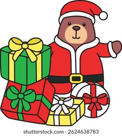 Illustration of cute christmas bear icon.
Funny christmas bear in daily activities elements.
baby Santa bear with a lot of gift

