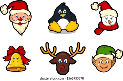 Illustration of Cute Christmas Characters,  Santa Claus, Penguin, Snowman, Bell, Reindeer, Elf