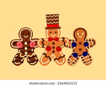 Illustration of cute Christmas cookies on light yellow background.