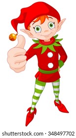 Illustration of cute Christmas elf doing a thumb up and smiling