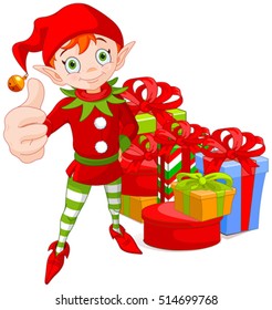 Illustration of cute Christmas elf doing a thumb up and group of colorful wrapped gift boxes with ribbons and bows