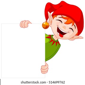 Illustration of a cute Christmas elf holding a sign