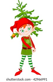 Illustration of Cute Christmas elf hording Christmas tree