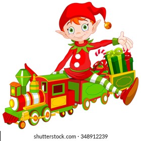 Illustration Of Cute Christmas Elf Sits On Toy Train