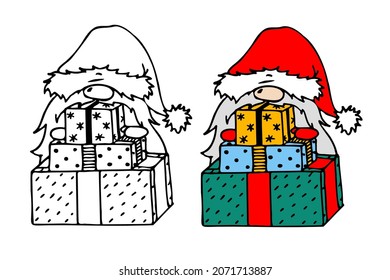 Illustration with a cute Christmas gnome behind a slide of gifts. Coloring book for children. Silhouette