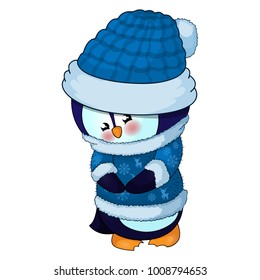 Illustration of Cute Christmas penguin in a blue hat and sweater