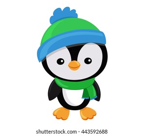  Illustration Cute Christmas  penguin boy  in a cap and a scarf.