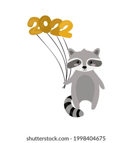 Illustration of cute Christmas raccoon with balls 2021 isolated on white background. Illustration for  posters, greeting cards  and seasonal design.
