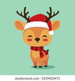 illustration of a cute christmas reindeer with a happy expression, and wearing a christmas scarf and hat. With an isolated blue background. Great for logos, t-shirt designs, greeting cards, etc