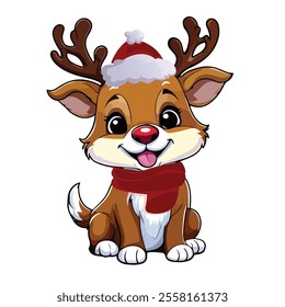 Illustration of cute Christmas reindeer Rudolf. Santa's Reindeer Rudolph. Vector illustrations of Reindeer Rudolf Isolated on White Background.