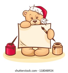 Illustration Of Cute Christmas Teddy Bear with blank note isolated on white background.