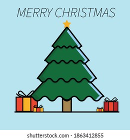 illustration of cute christmas tree with "merry christmas" text on blue background. Vector illustration of festive christmas tree. Happy winter holidays card or poster template