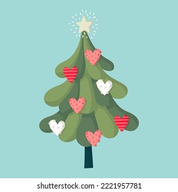 Illustration of a cute christmas tree with shining star and heart decoration