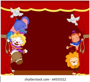 Illustration of Cute Circus Clowns and Animals on Stage