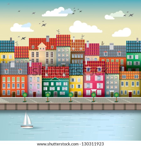 Illustration of a cute city on the river