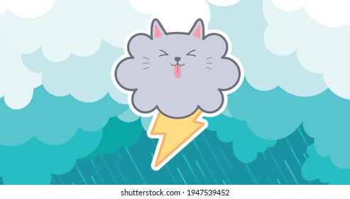 Ilustración de una nube linda con un icono relámpago sobre la lluvia y las nubes sobre el fondo verde. la naturaleza y el concepto del tiempo de la imagen generada digitalmente.