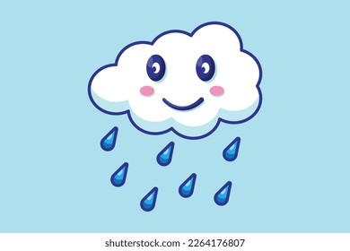Ilustración de una linda sonrisa de lluvia en la nube caricatura vectorial fondo cian