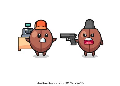 illustration of the cute coffee bean as a cashier is pointed a gun by a robber , cute style design for t shirt, sticker, logo element