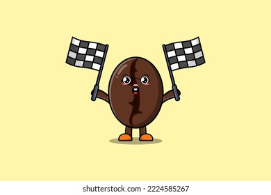 Illustration Of Cute Coffee Beans Cartoon Character Holding Crossed Checkered Race Flag