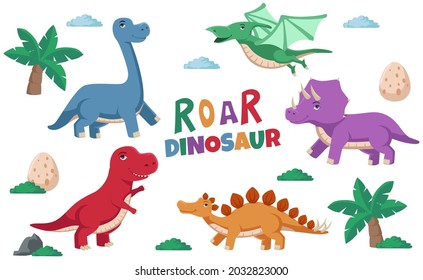 Illustration of cute colorful dinosaur, stegosaurus, tricerator, pterodactyl, tyrannosaurus, brontosaurus for kid children illustration concept