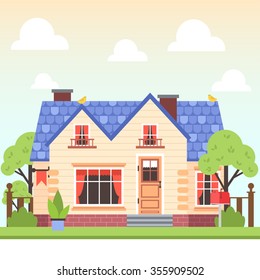 illustration of cute colorful house with trees and bird on gradient background with clouds. vector flat buildings illustration. cute spring pastel house