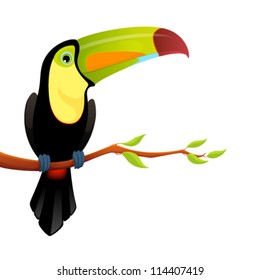 illustration of a cute colorful keel billed toucan sitting on a tree branch. Isolated on white.