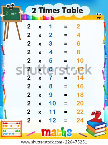 Illustration of a cute and colorful mathematical times table with answers. 2 times table