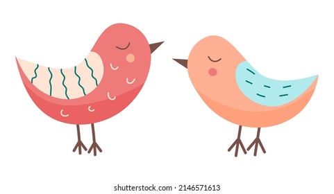 Illustration Of Cute Colorful Two Birds Isolated On White Background. Design Vector Element For Banner, Stickers, Postcards.