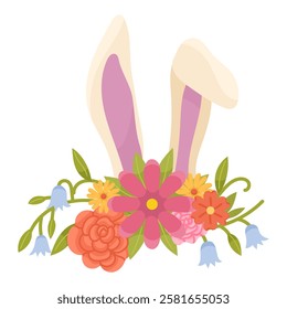 Illustration cute concept bunny ears with spring different bright flowers on white background. Festive scene for easter holiday vector in cartoon style