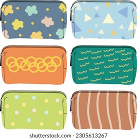 Illustration of a cute cosmetic bag with many models on a white background. It is suitable for traveling and storing beauty tools