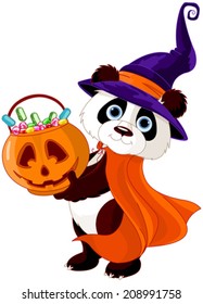 Illustration of cute costumed panda holds full of candy pumpkin