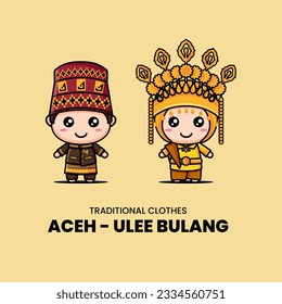 Illustration of cute couple chibi kawaii characters wearing Ulee Balang traditional clothes from Aceh, Indonesia