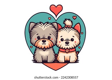 illustration of cute couple dogs in love, animal valentine day card invitation background vector flat color style