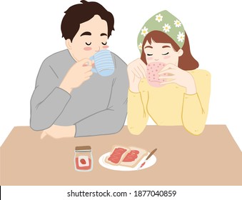 Illustration of a cute couple eating breakfast together. Flat design illustration good for Print, sticker, Postcard, social media, and more.