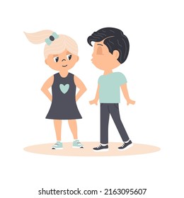 Illustration of a cute couple. Happy young couple. The boy is trying to kiss the girl. Vector illustration isolated on white background in cartoon style