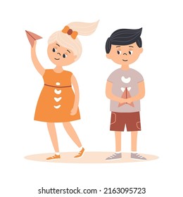 Illustration of a cute couple. Happy young couple. A boy and a girl are holding paper airplanes. Vector illustration isolated on white background in cartoon style