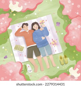 Illustration of cute couple laying side by side on picnic mat while enjoy scenic view of cherry blossom forest.