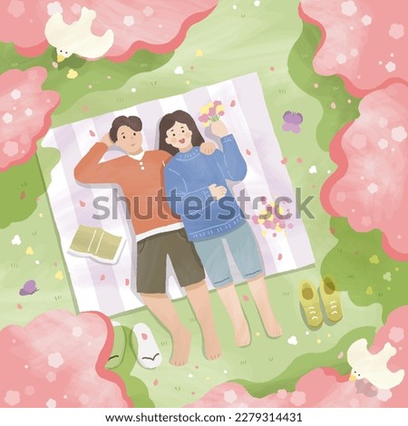 Illustration of cute couple laying side by side on picnic mat while enjoy scenic view of cherry blossom forest.