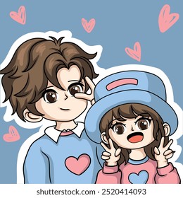 Illustration of a Cute couple Little Boy and Girl Wearing a Cap