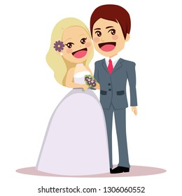 Illustration of cute couple on wedding day standing together embracing with love